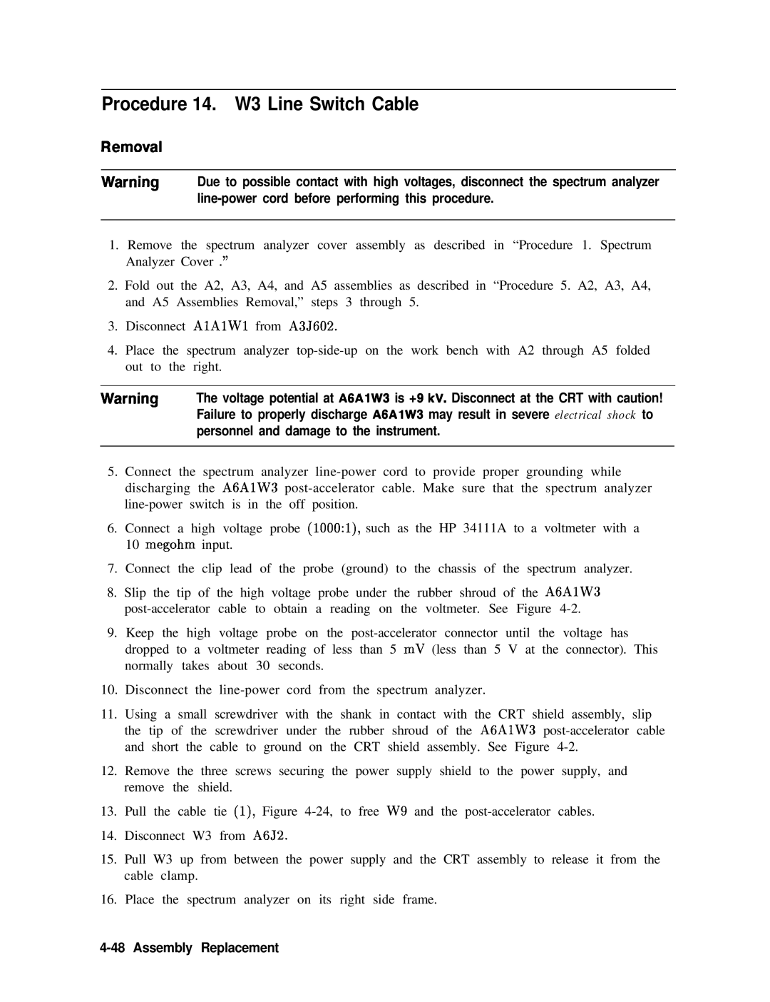 Agilent Technologies 856290216 service manual Procedure 14. W3 Line Switch Cable, Personnel and damage to the instrument 