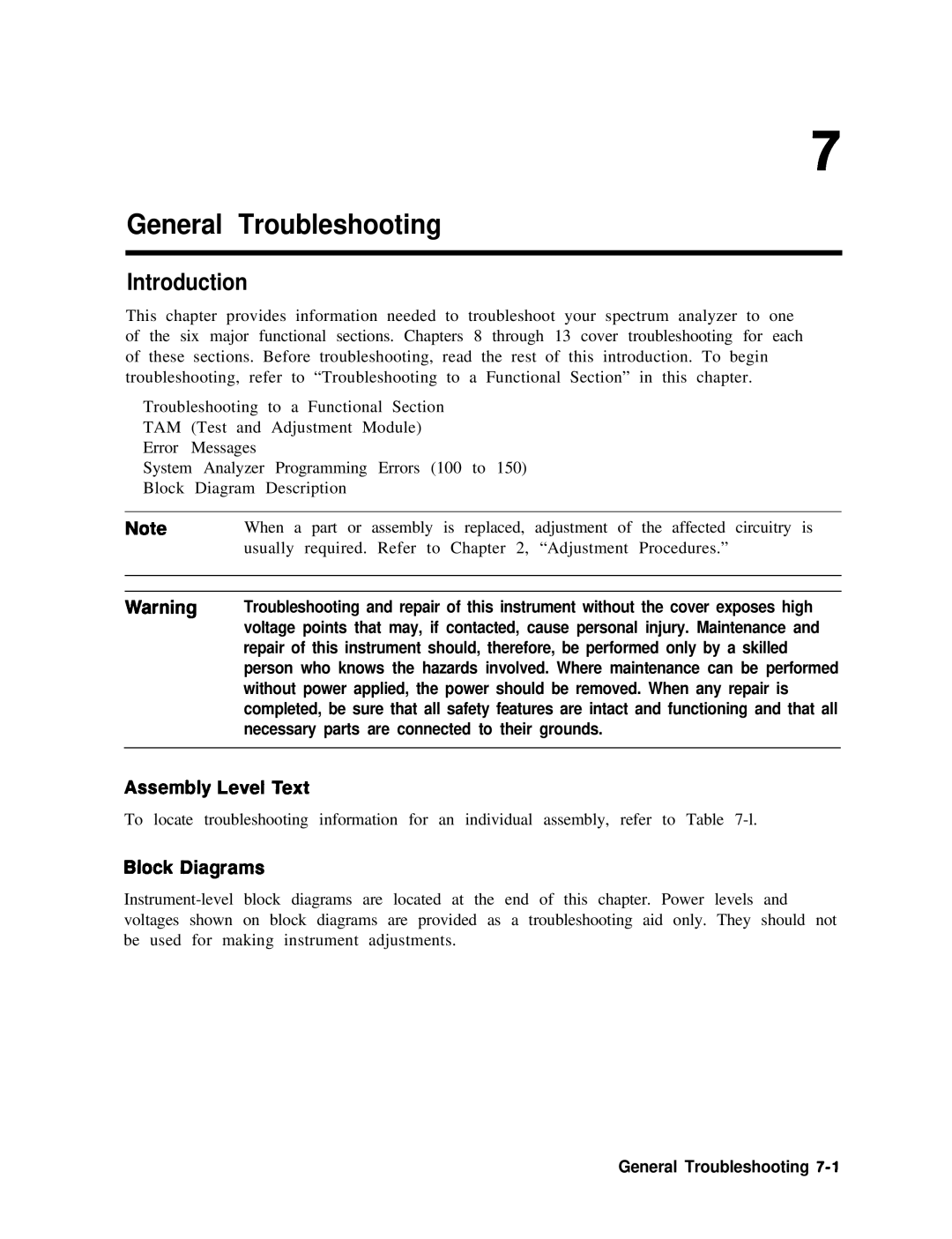 Agilent Technologies 856290216 service manual Assembly Level Text, Block Diagrams, General Troubleshooting 7-l 