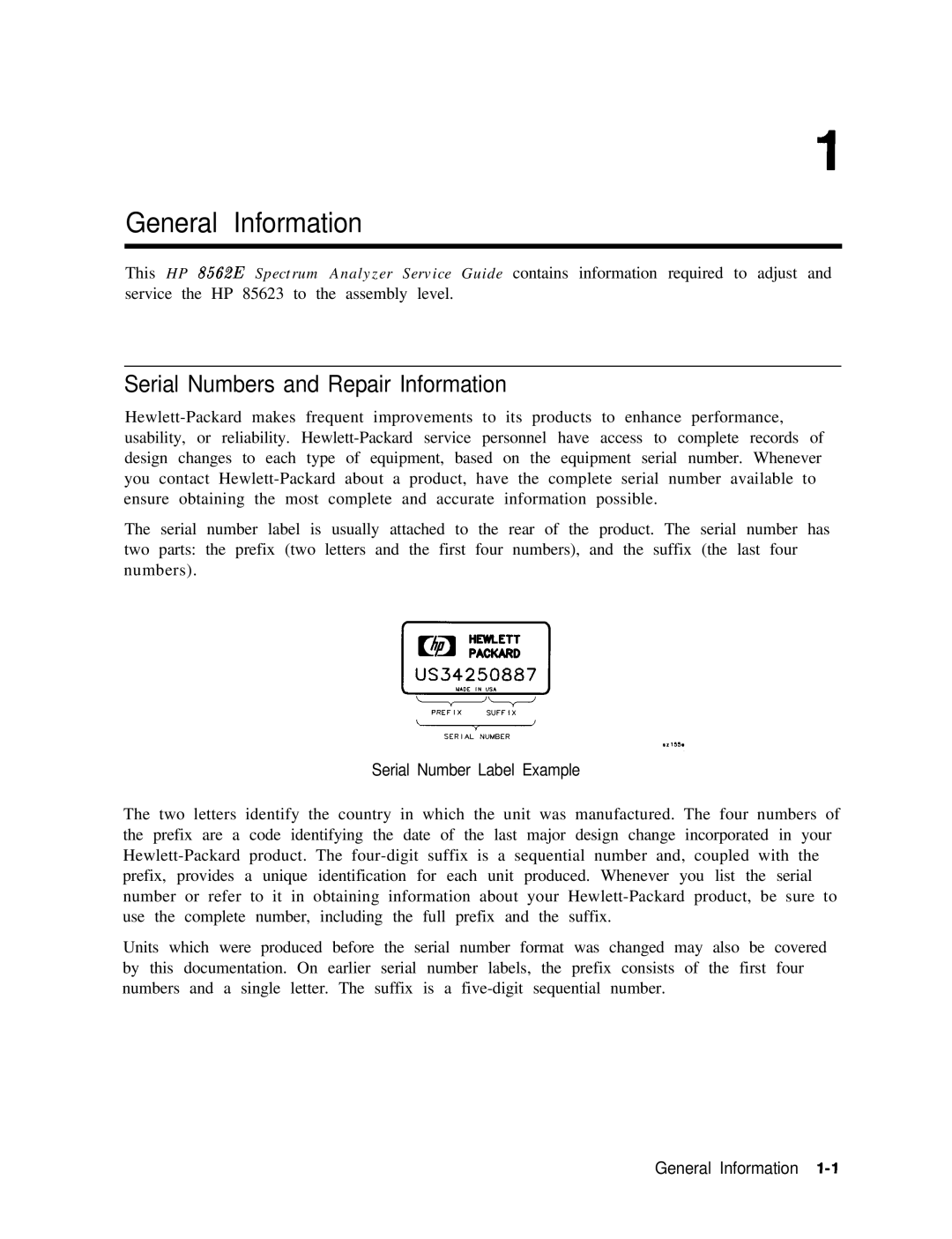 Agilent Technologies 856290216 Serial Numbers and Repair Information, Serial Number Label Example, General Information l-1 