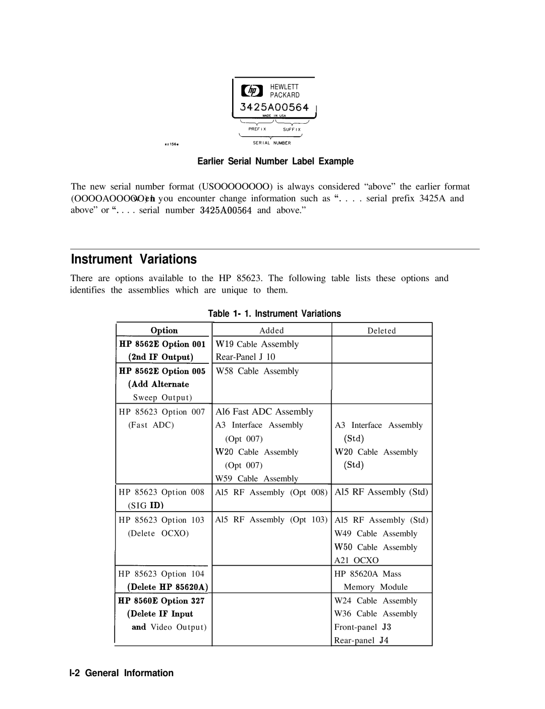 Agilent Technologies 856290216 service manual Table l- 1. Instrument Variations, General Information, A21 Ocxo 