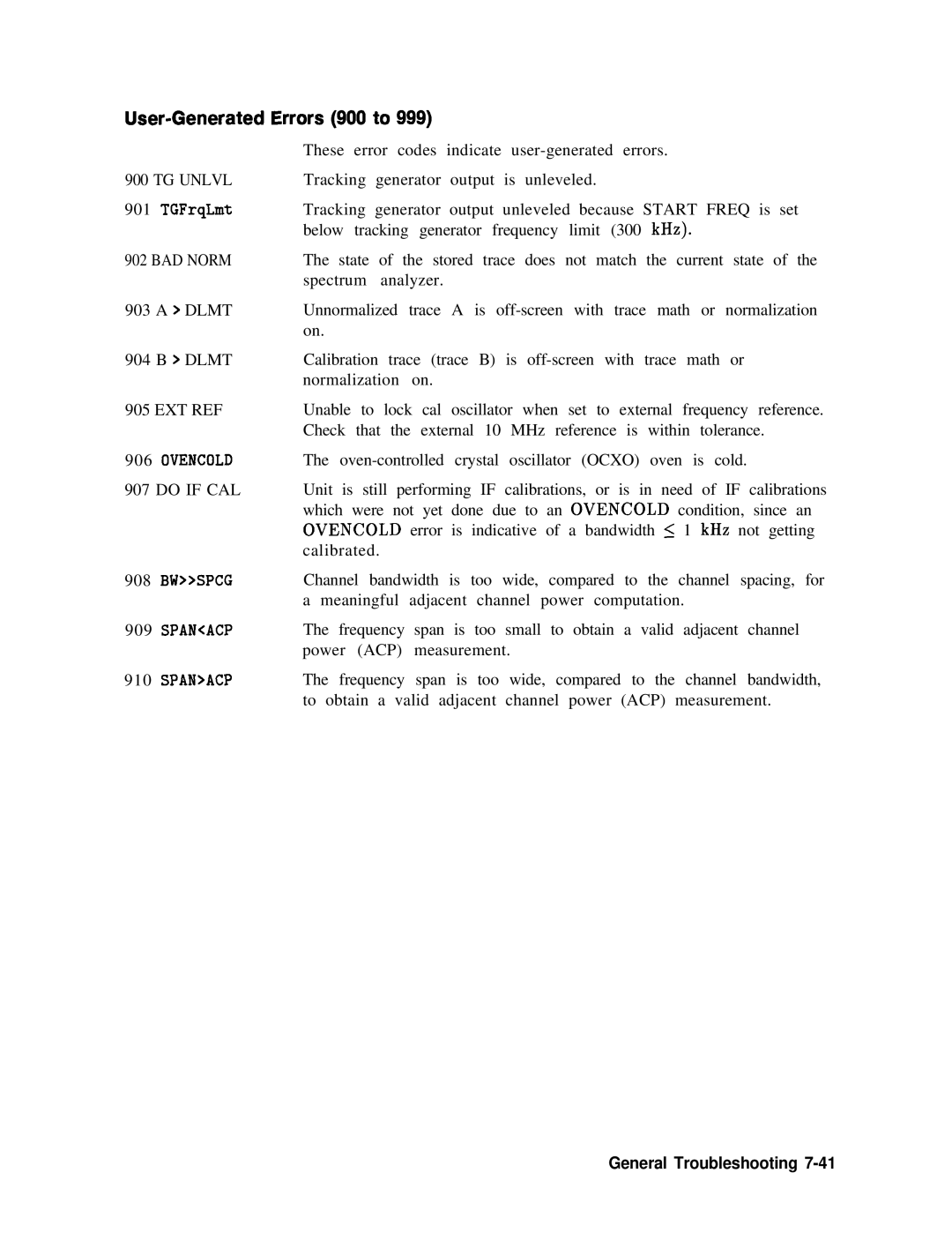 Agilent Technologies 856290216 service manual User-Generated Errors 900 to, TG Unlvl 