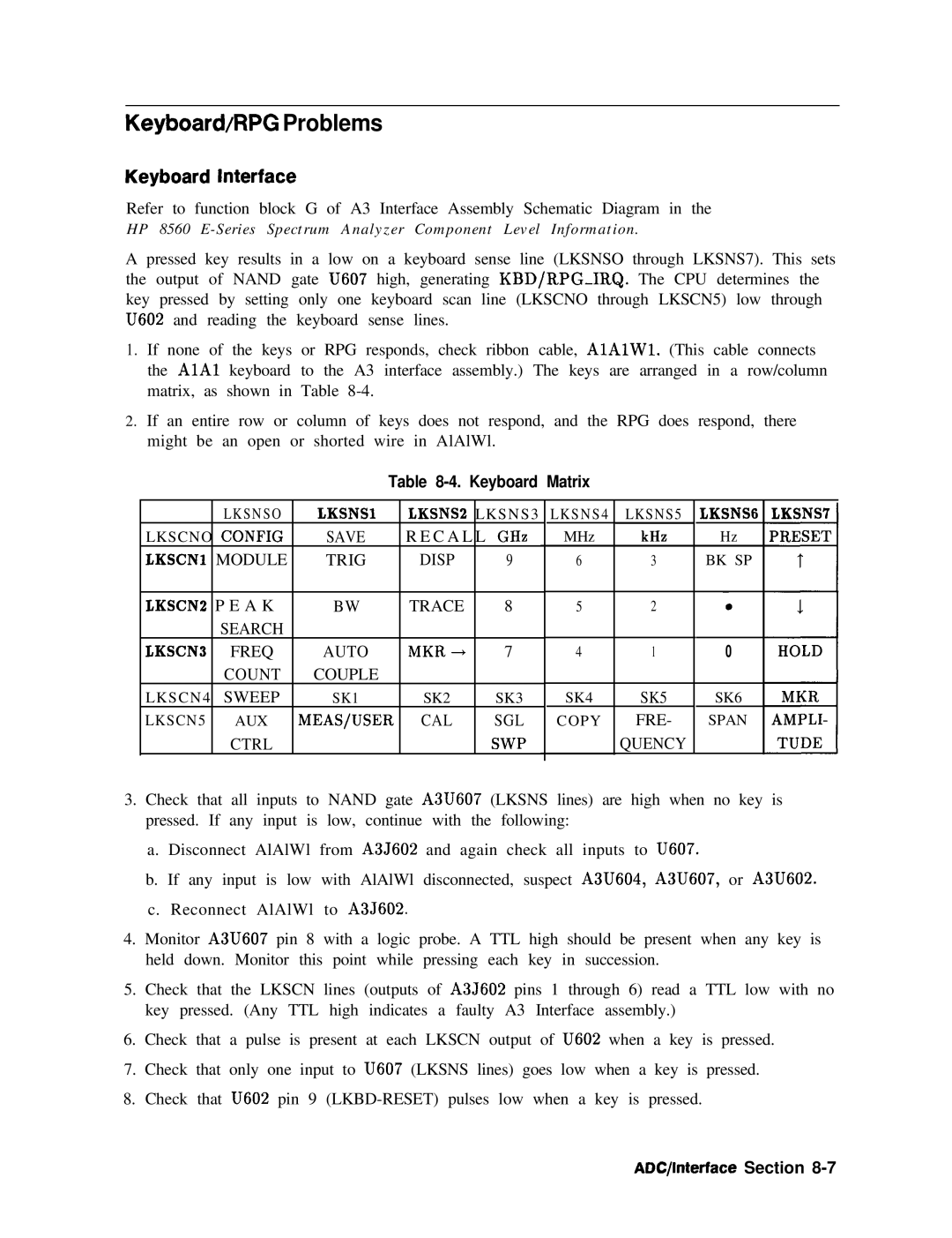 Agilent Technologies 856290216 service manual Keyboard/RPG Problems, Keyboard Interface, Keyboard Matrix 