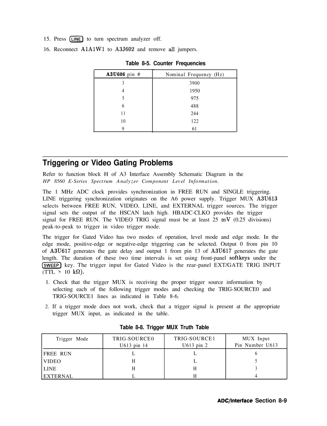 Agilent Technologies 856290216 Triggering or Video Gating Problems, Counter Frequencies, Trigger MUX Truth Table 