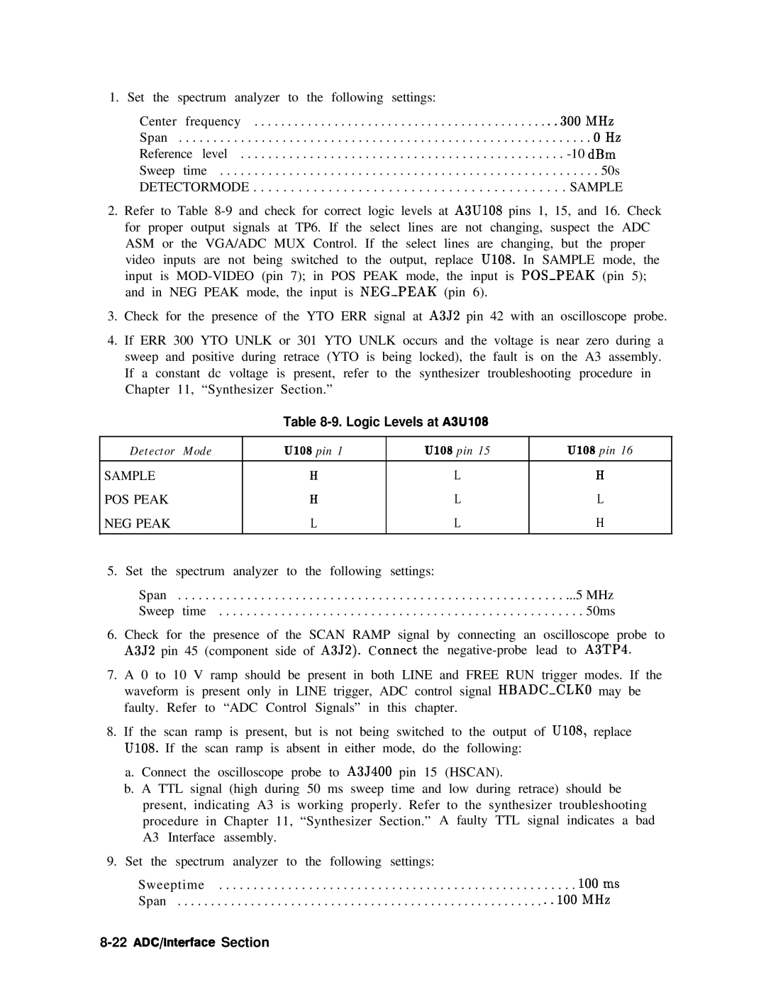 Agilent Technologies 856290216 service manual Logic Levels at A3U108, 22 ADC/lnterface Section 