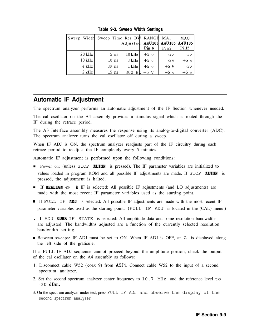 Agilent Technologies 856290216 service manual Automatic if Adjustment, Sweep Width Settings 