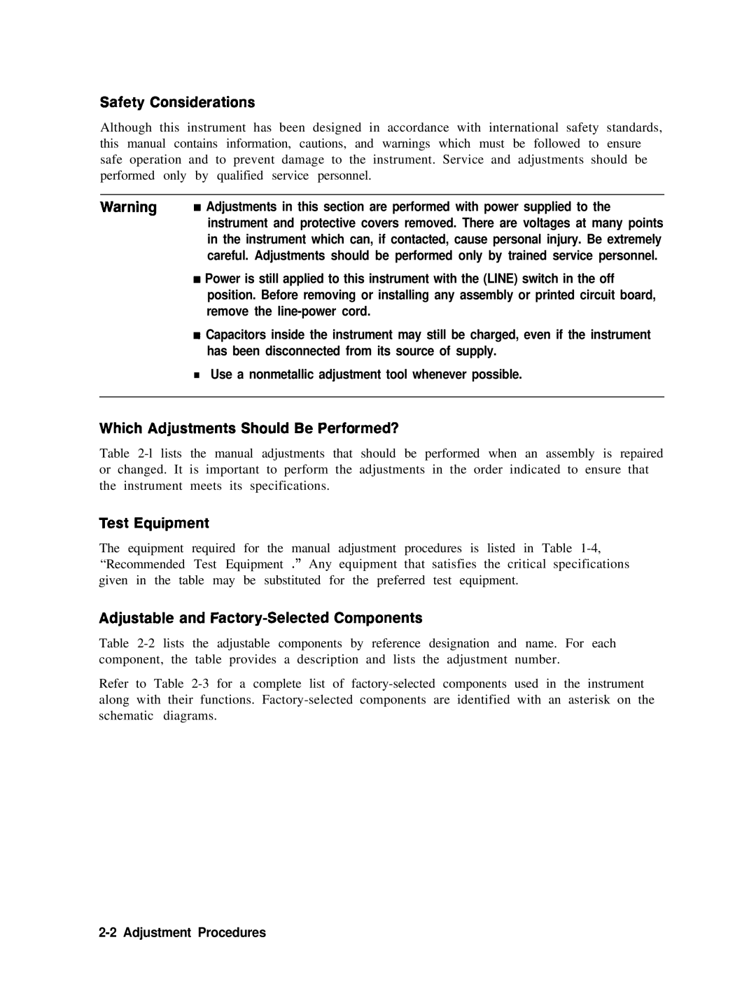 Agilent Technologies 856290216 service manual Safety Considerations, Which Adjustments Should Be Performed?, Test Equipment 