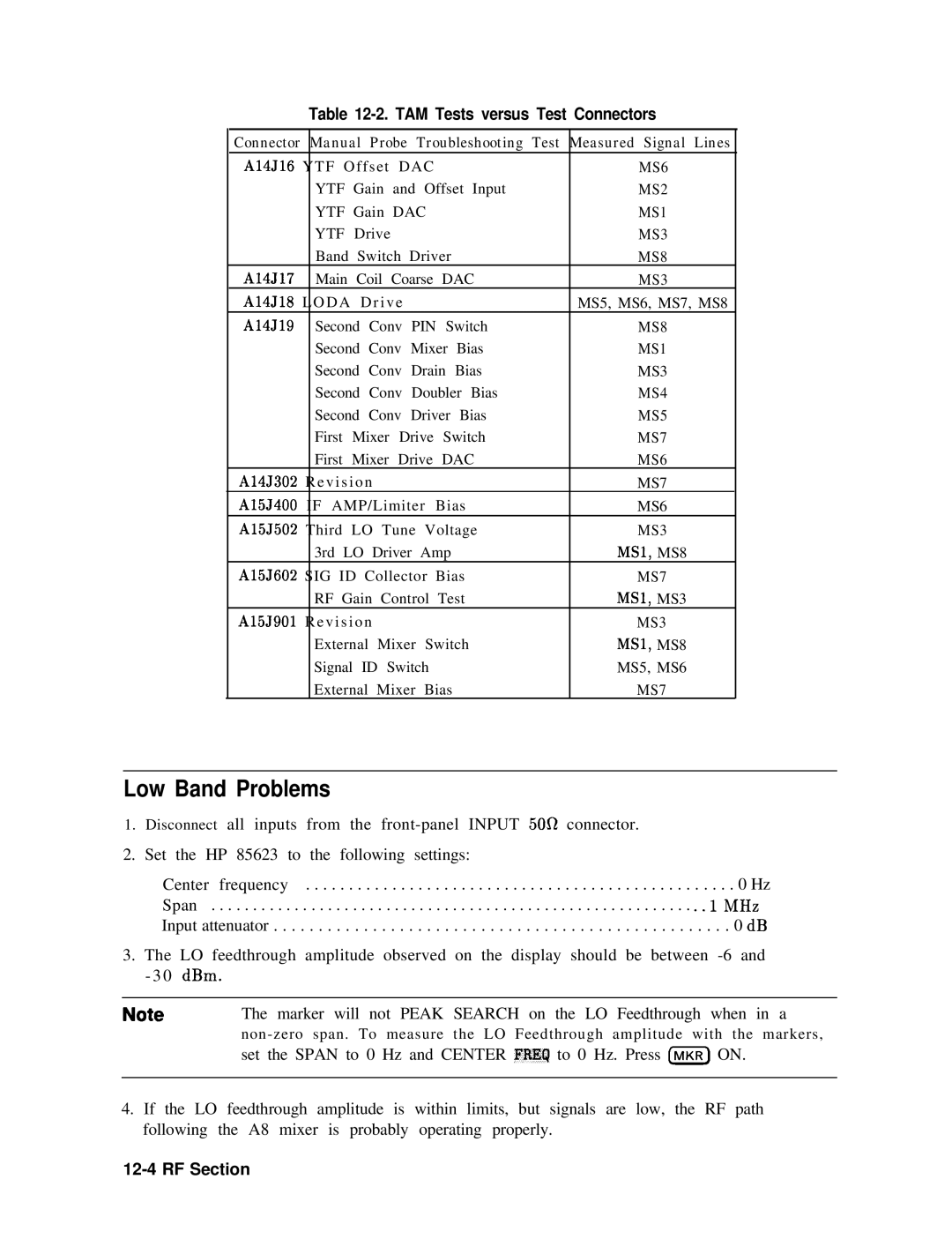 Agilent Technologies 856290216 service manual Low Band Problems, Pin 