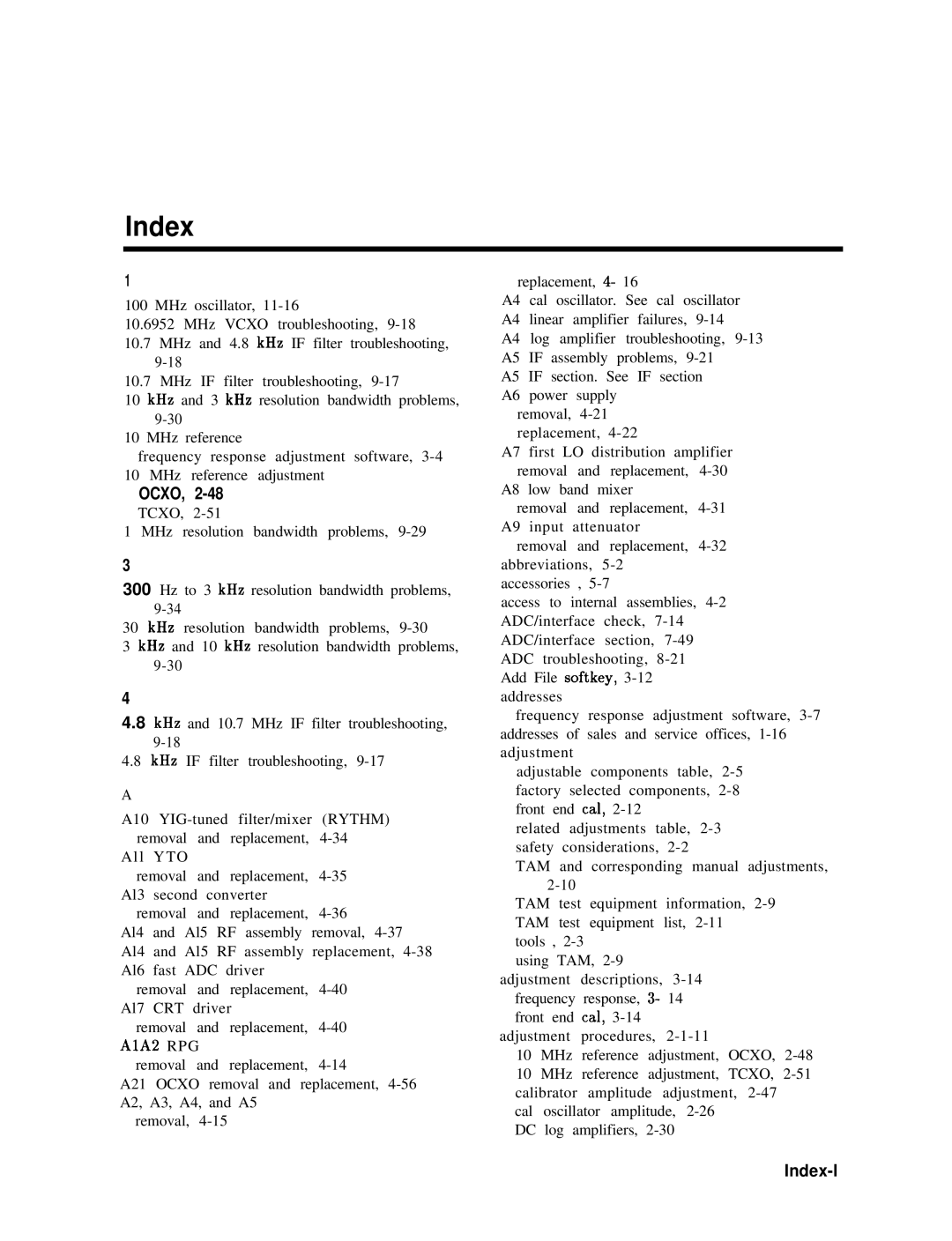 Agilent Technologies 856290216 service manual Ocxo, Index-l 