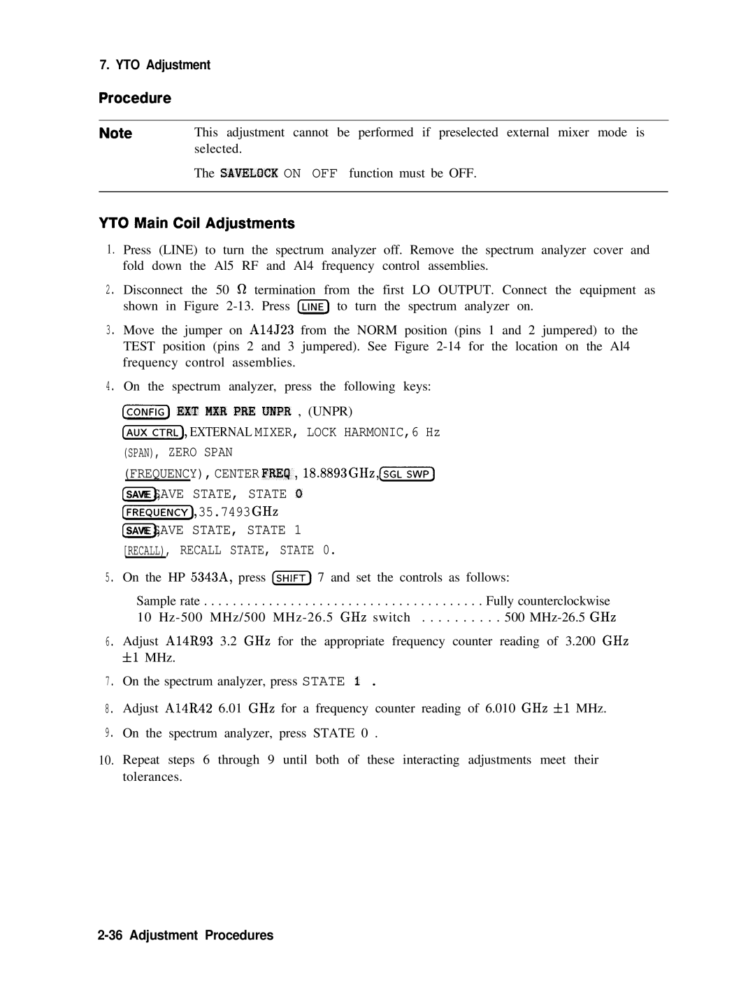 Agilent Technologies 856290216 YTO Main Coil Adjustments, 07SAVE Save STATE, State RECALL, Recall STATE, State 