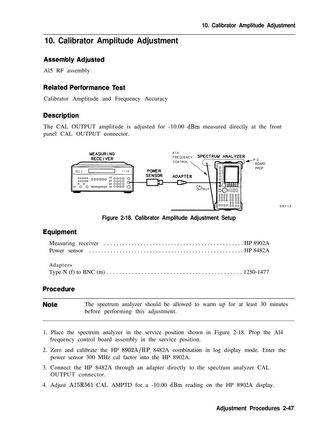 Agilent Technologies 856290216 service manual Calibrator Amplitude Adjustment 