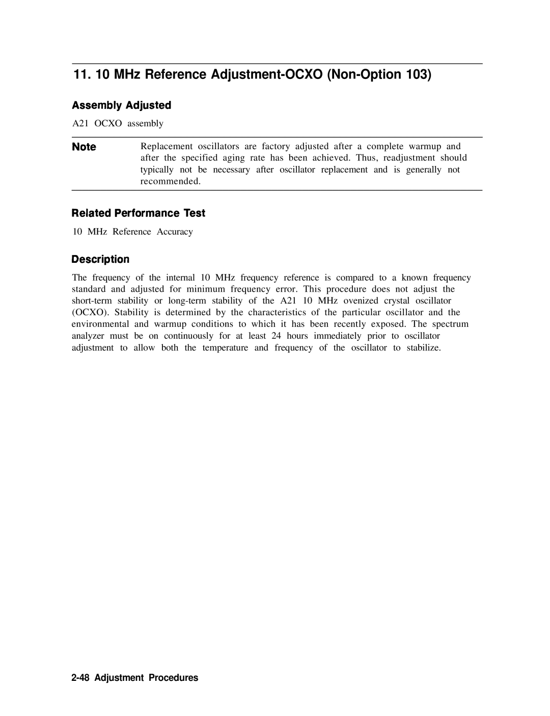 Agilent Technologies 856290216 service manual MHz Reference Adjustment-OCXO Non-Option 