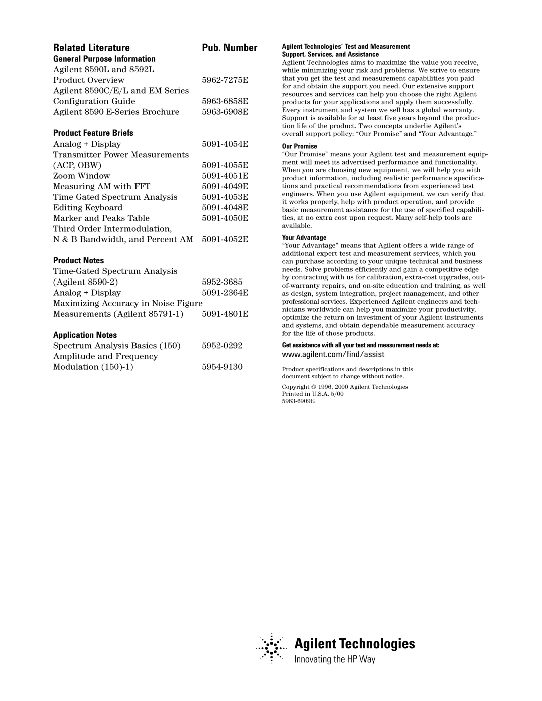 Agilent Technologies 8593E, 8591E, 8594E, 8596E, 8595E specifications Related Literature 