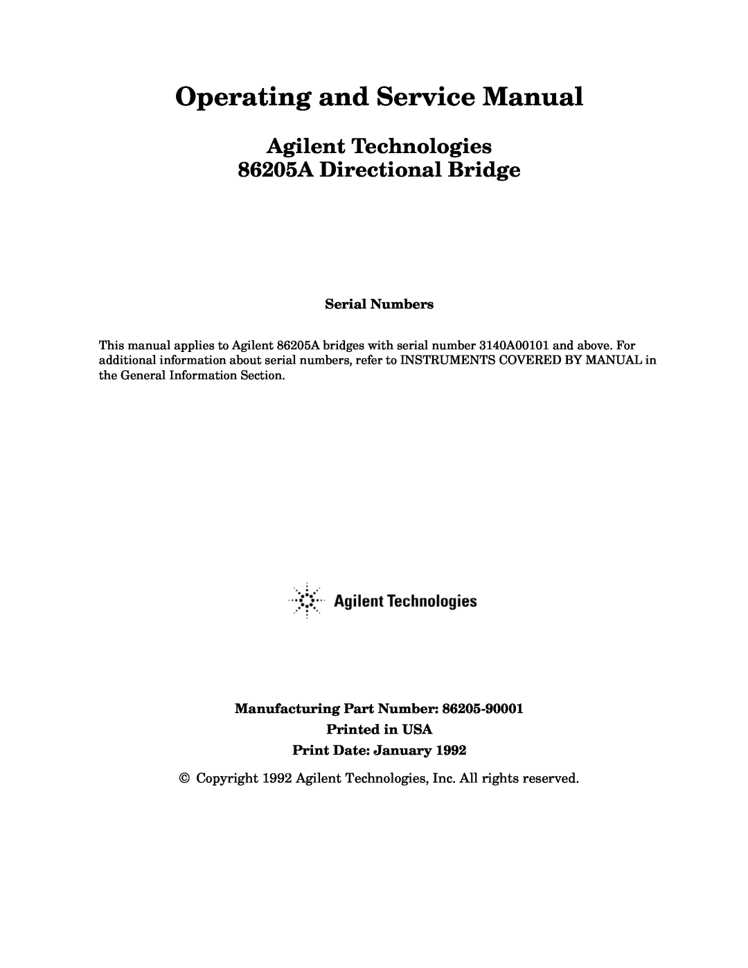 Agilent Technologies service manual Agilent Technologies 86205A Directional Bridge, Operating and Service Manual 