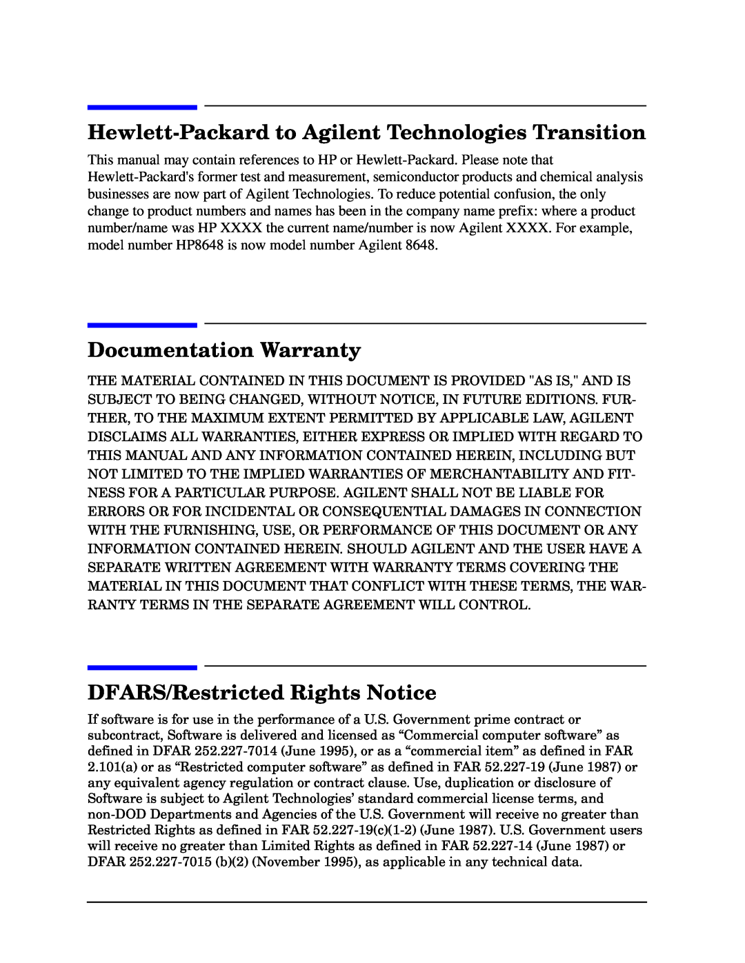 Agilent Technologies 86205A service manual Hewlett-Packard to Agilent Technologies Transition, Documentation Warranty 