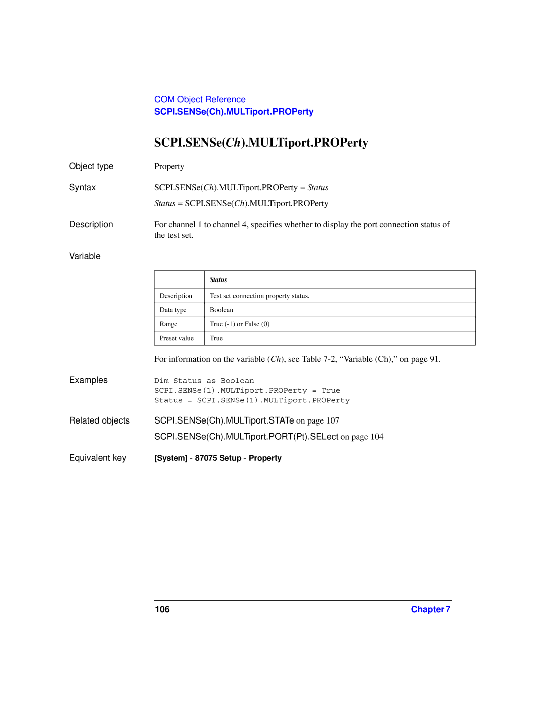 Agilent Technologies 87075C manual SCPI.SENSeCh.MULTiport.PROPerty 