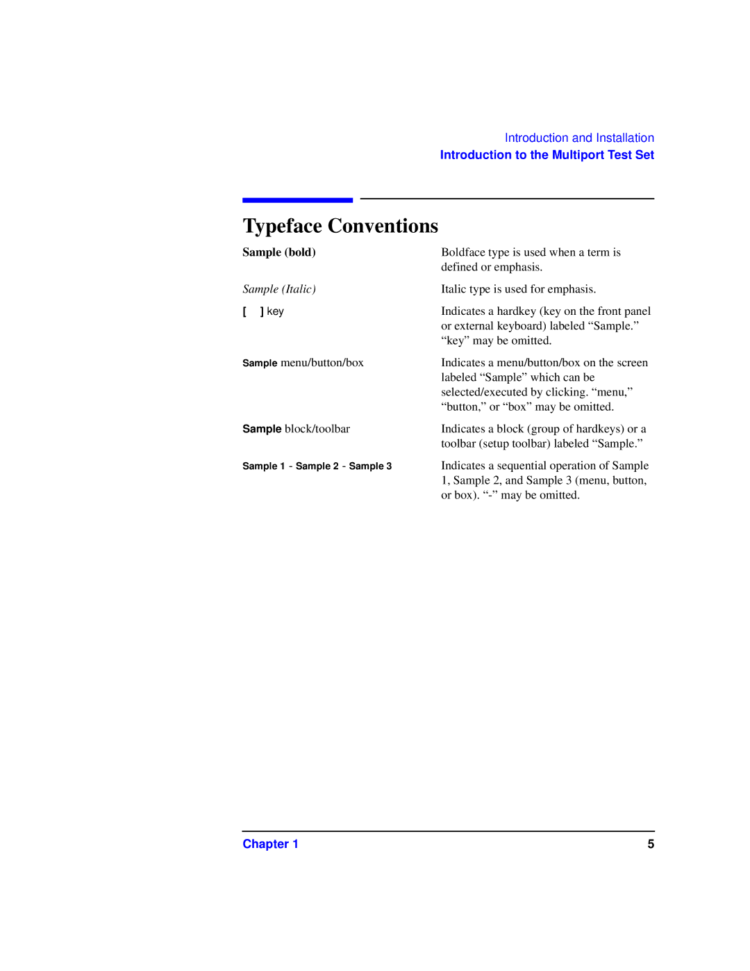 Agilent Technologies 87075C manual Typeface Conventions, Sample bold 