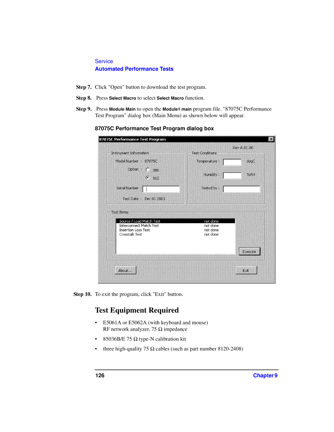 Agilent Technologies 87075C manual Test Equipment Required 