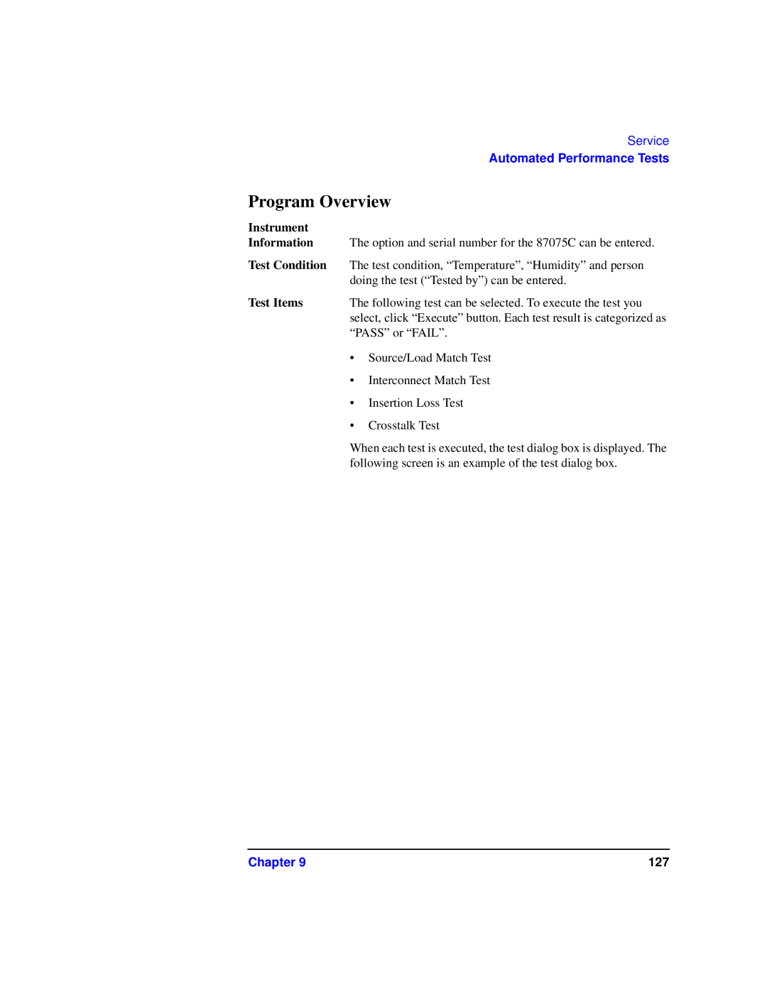 Agilent Technologies 87075C manual Program Overview, Instrument Information, Test Condition, Test Items 