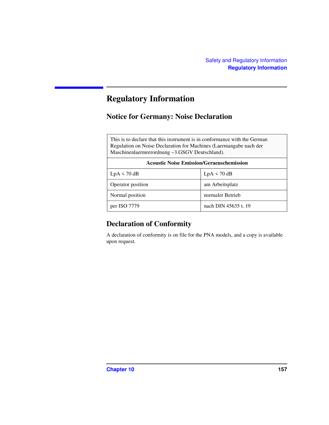 Agilent Technologies 87075C Regulatory Information, Declaration of Conformity, Acoustic Noise Emission/Geraeuschemission 