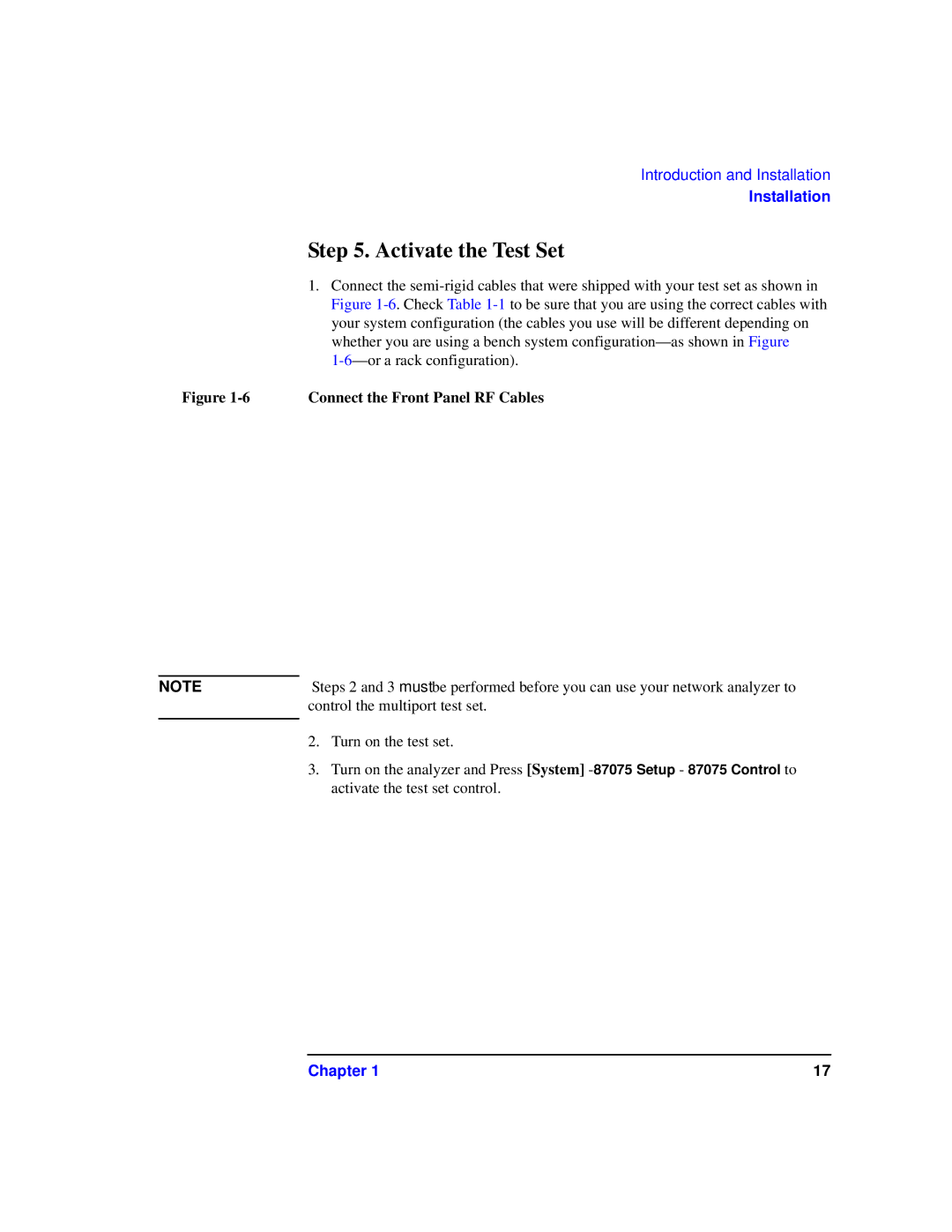 Agilent Technologies 87075C manual Activate the Test Set, Connect the Front Panel RF Cables 