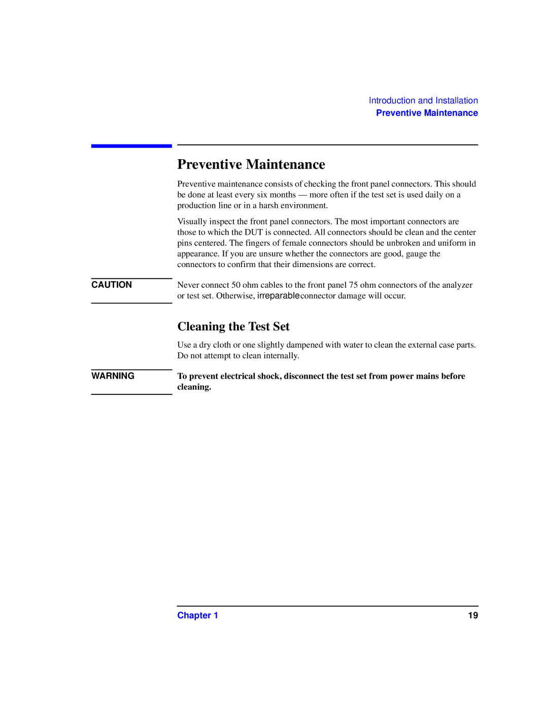 Agilent Technologies 87075C manual Preventive Maintenance, Cleaning the Test Set 