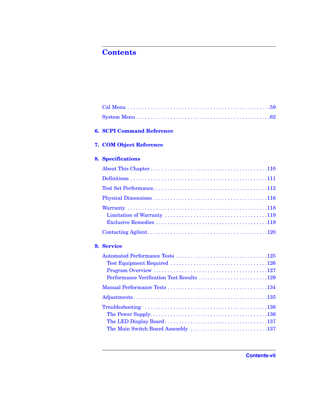 Agilent Technologies 87075C manual Contents-vii 