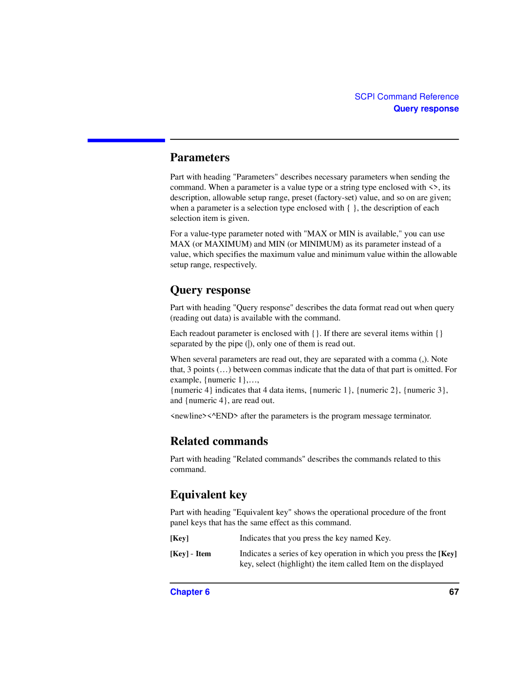 Agilent Technologies 87075C manual Parameters, Query response, Related commands, Equivalent key 