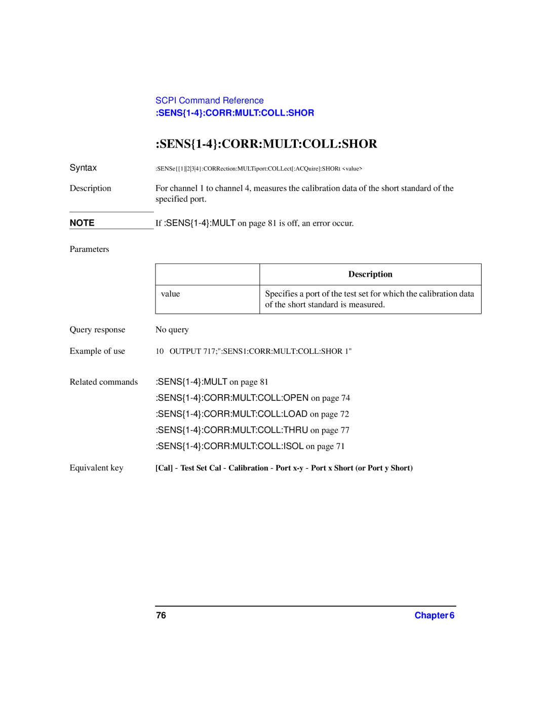 Agilent Technologies 87075C manual SENS1-4CORRMULTCOLLSHOR 