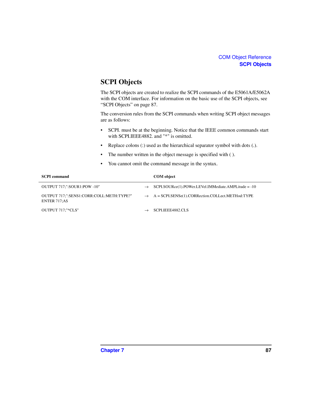 Agilent Technologies 87075C manual Scpi Objects, Scpi command COM object 