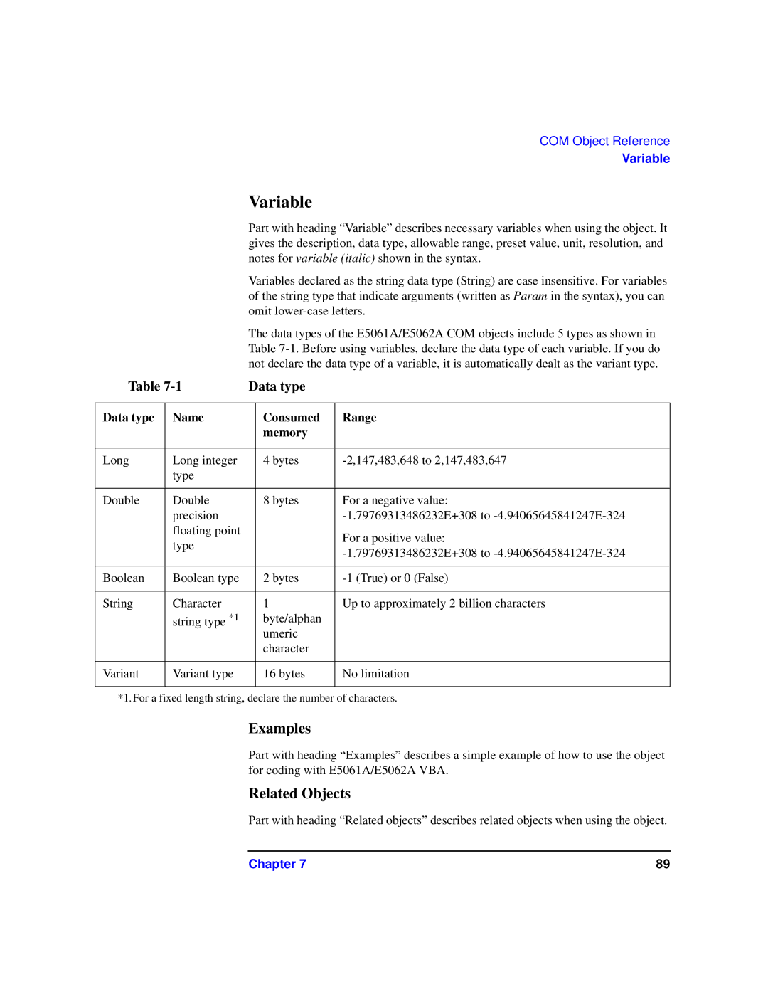 Agilent Technologies 87075C manual Variable, Examples, Related Objects, Data type Name Consumed Range Memory 