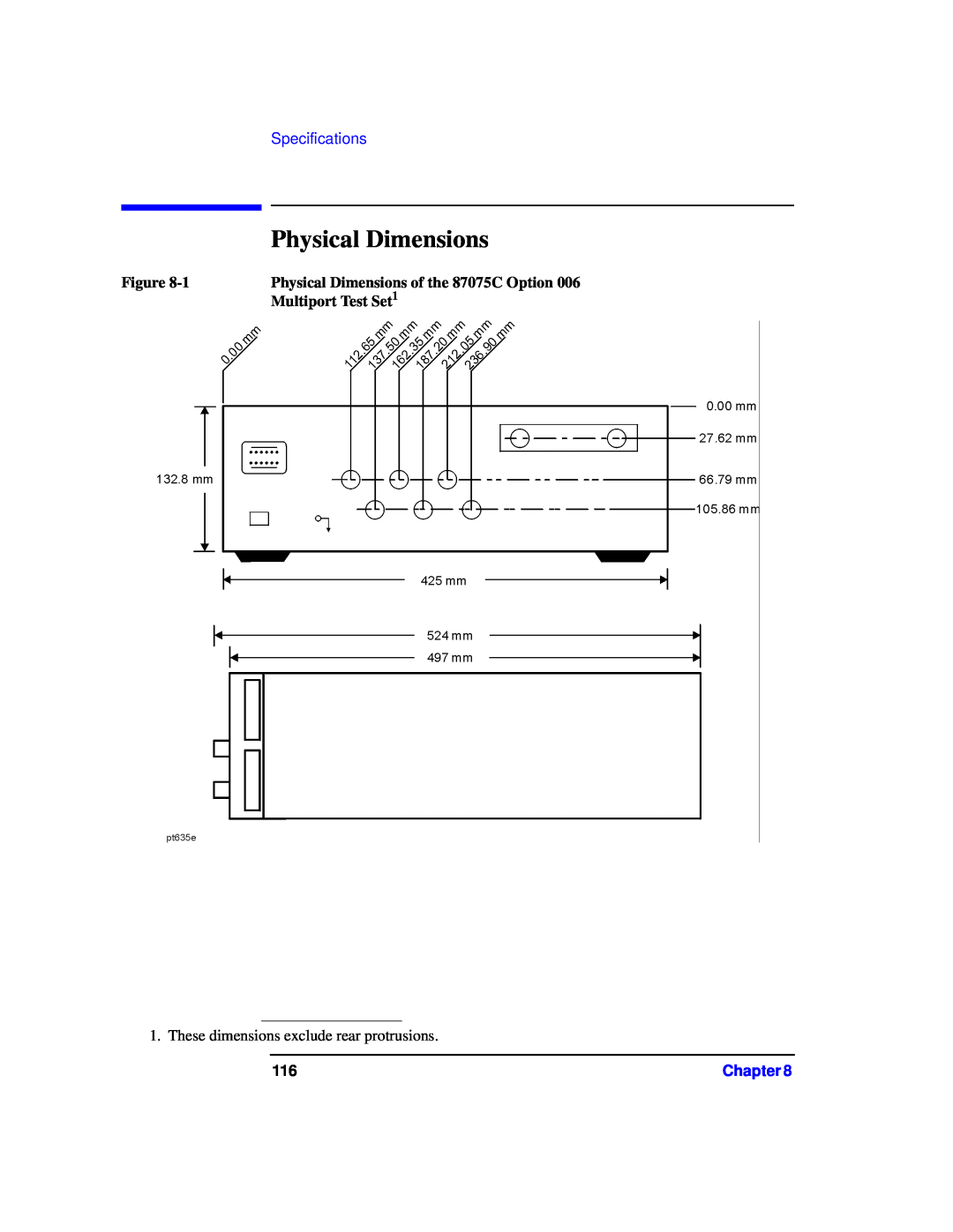 Agilent Technologies manual Specifications, Physical Dimensions of the 87075C Option, Multiport Test Set1, Chapter 