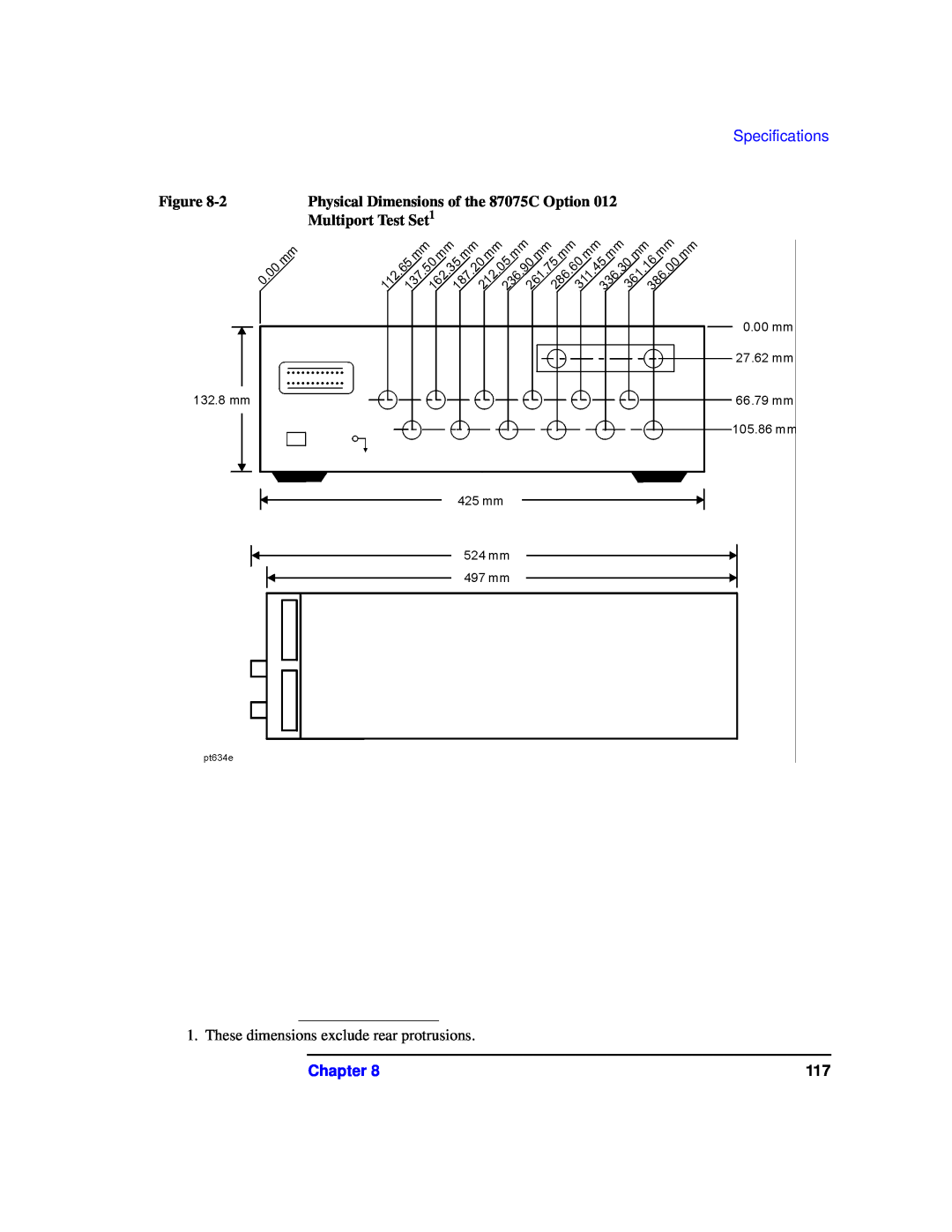 Agilent Technologies manual Specifications, Physical Dimensions of the 87075C Option, Multiport Test Set1, Chapter 