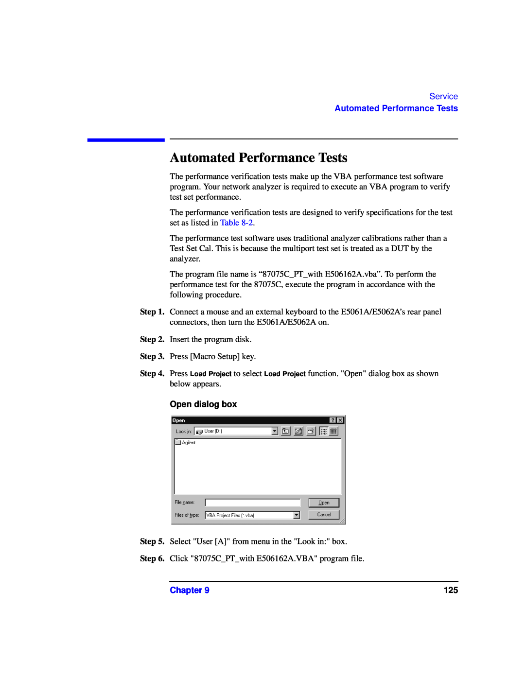 Agilent Technologies 87075C manual Automated Performance Tests, Service, Open dialog box, Chapter 