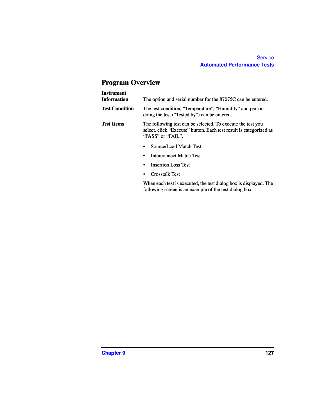 Agilent Technologies 87075C Program Overview, Service, Automated Performance Tests, Instrument, Information, Test Items 