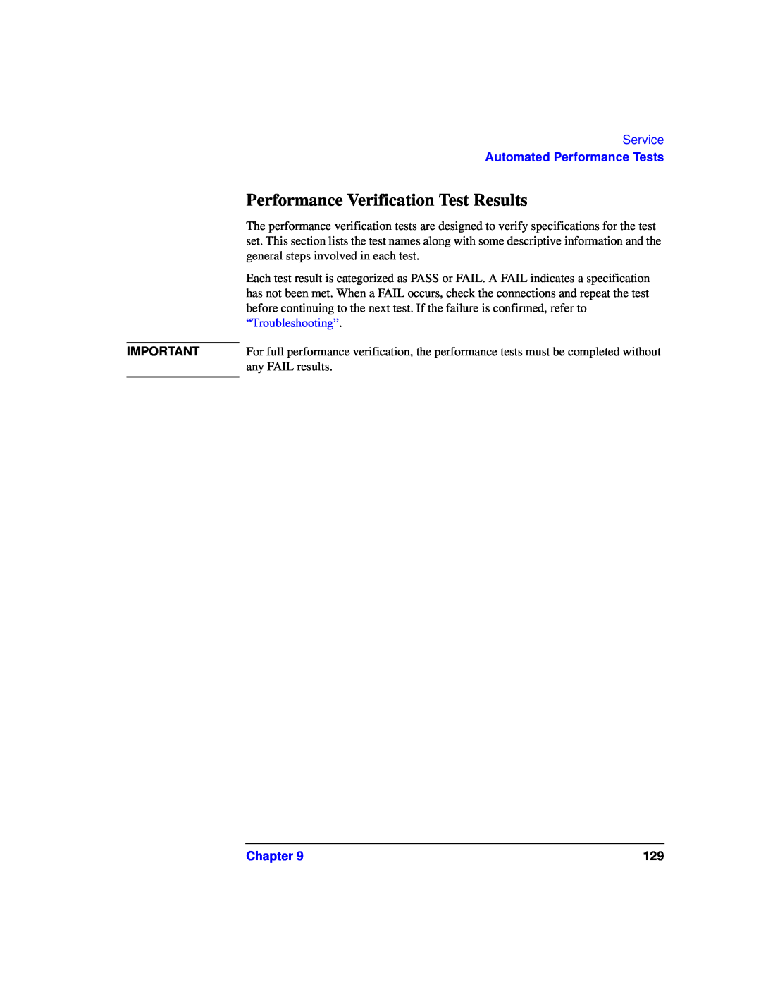 Agilent Technologies 87075C manual Performance Verification Test Results, Service, Automated Performance Tests, Chapter 