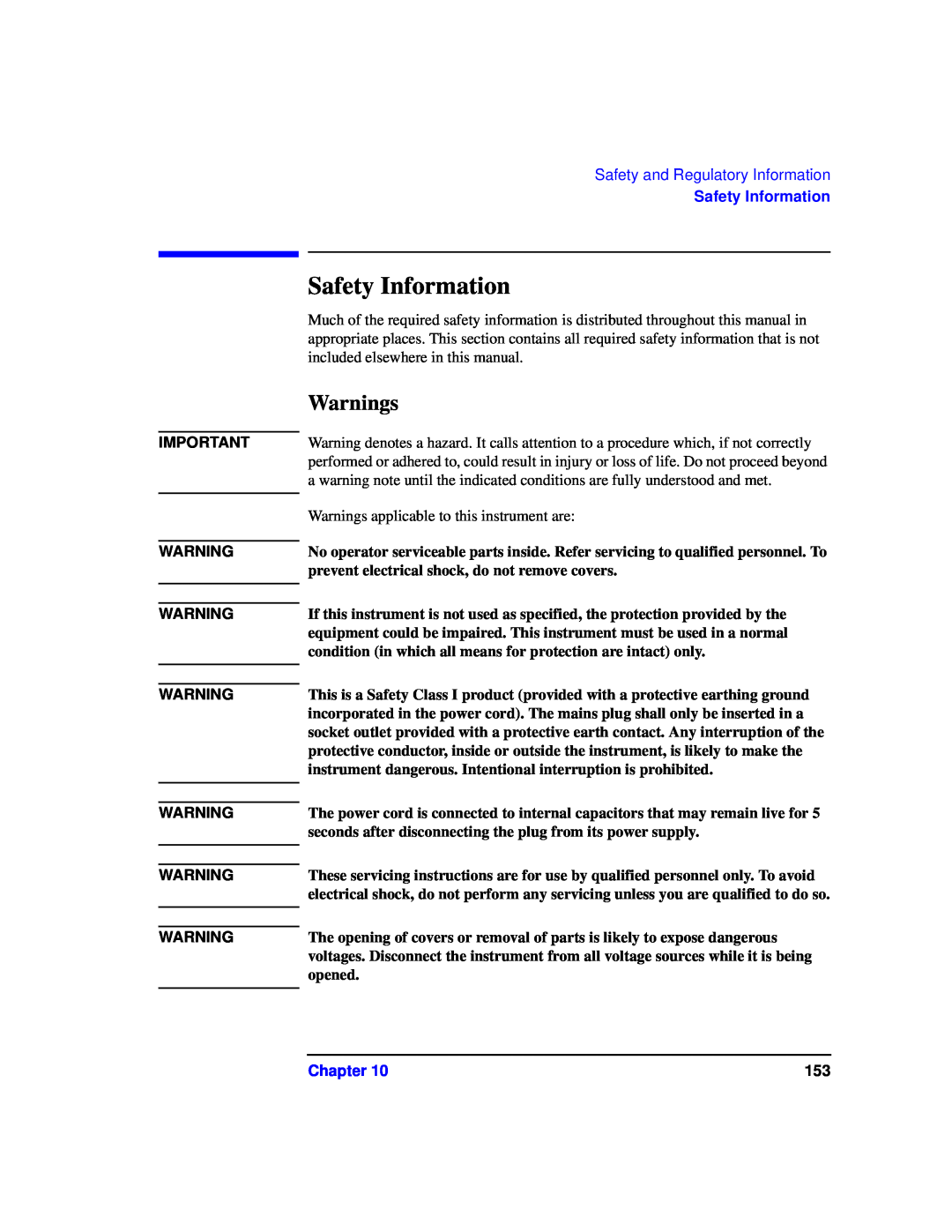 Agilent Technologies 87075C manual Safety Information, Warnings, Safety and Regulatory Information, Chapter 