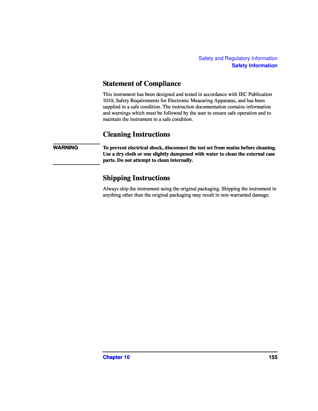 Agilent Technologies 87075C Statement of Compliance, Cleaning Instructions, Shipping Instructions, Safety Information 