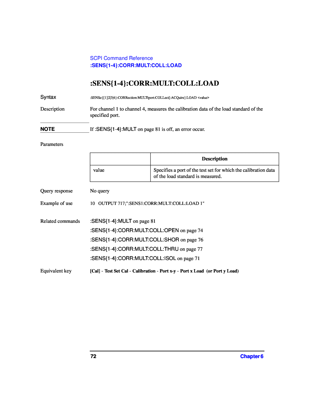 Agilent Technologies 87075C manual SENS1-4CORRMULTCOLLLOAD, SCPI Command Reference 