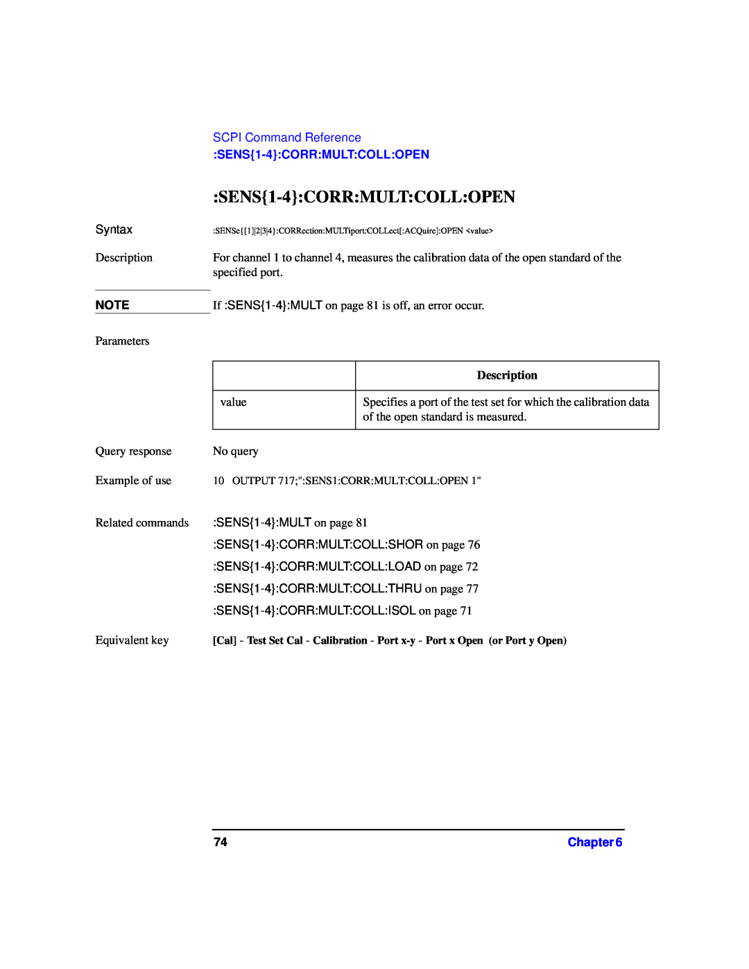 Agilent Technologies 87075C manual SENS1-4CORRMULTCOLLOPEN, SCPI Command Reference 