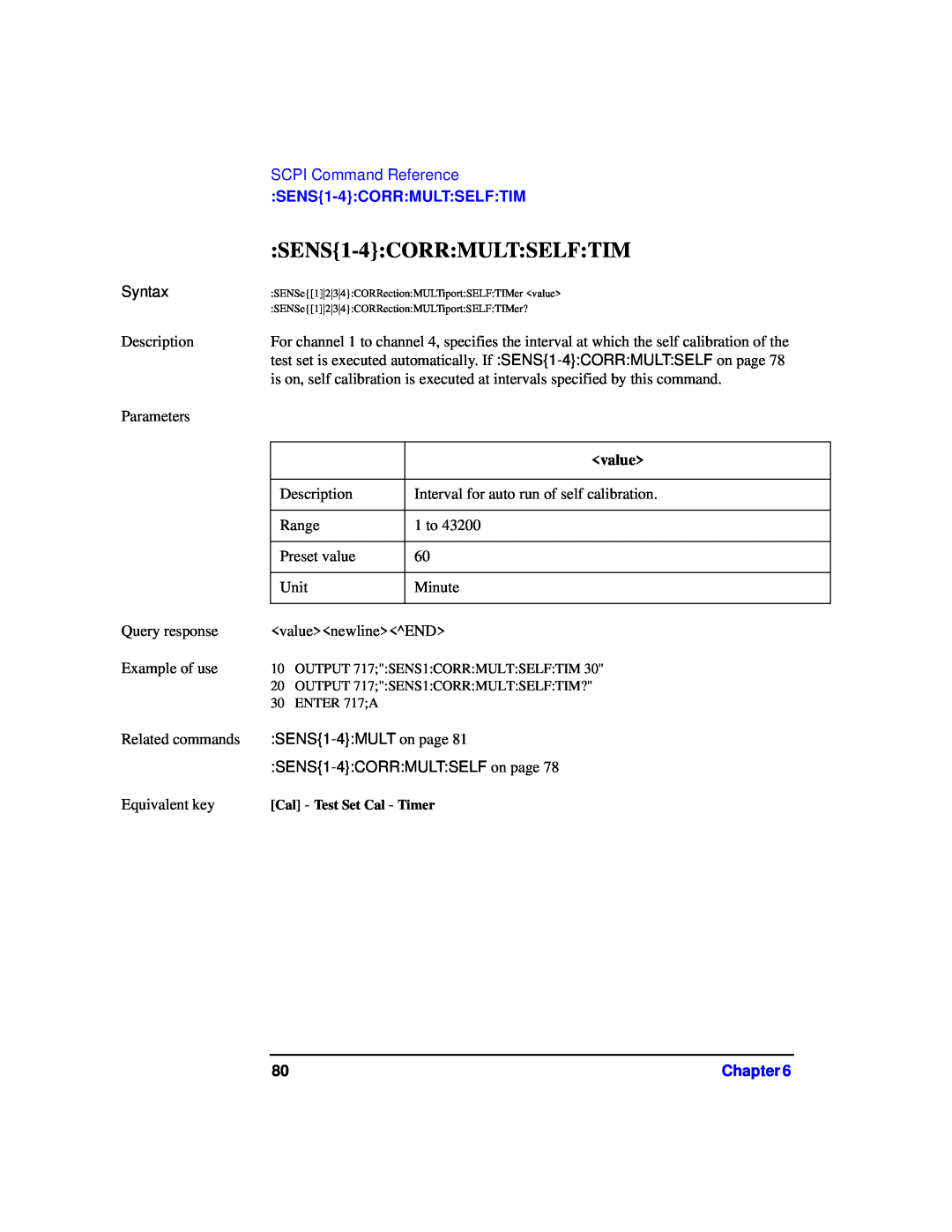 Agilent Technologies 87075C manual SENS1-4CORRMULTSELFTIM, SCPI Command Reference, value, Equivalent key 