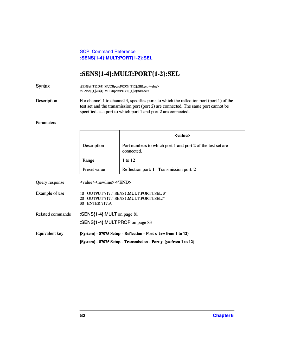 Agilent Technologies 87075C manual SENS1-4MULTPORT1-2SEL, SCPI Command Reference 
