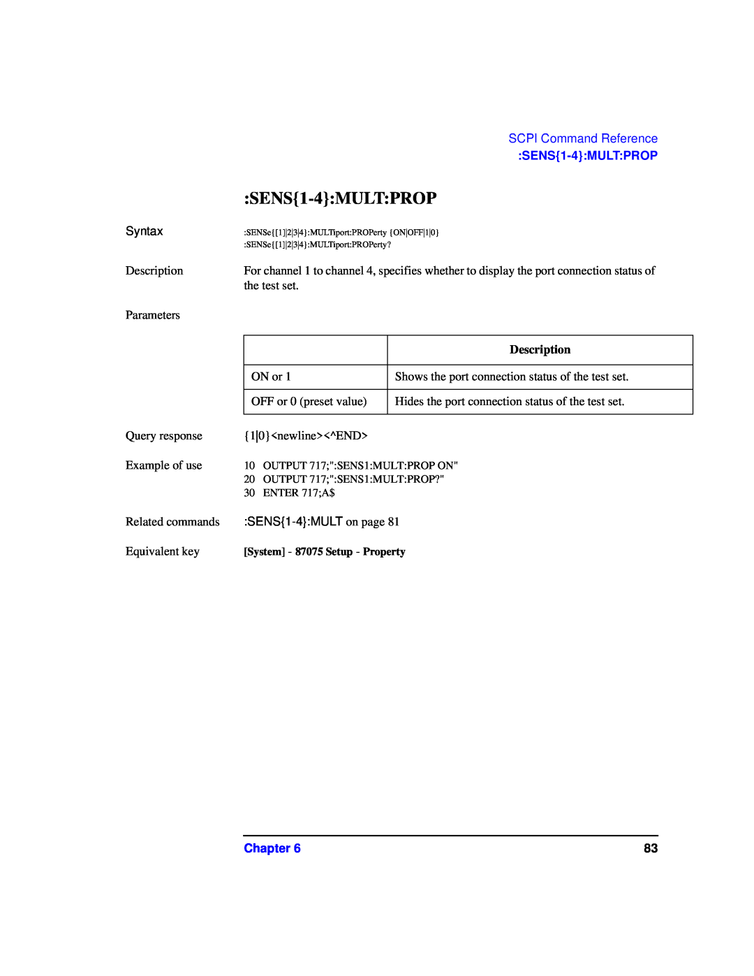 Agilent Technologies 87075C manual SENS1-4MULTPROP, SCPI Command Reference, Chapter, System - 87075 Setup - Property 