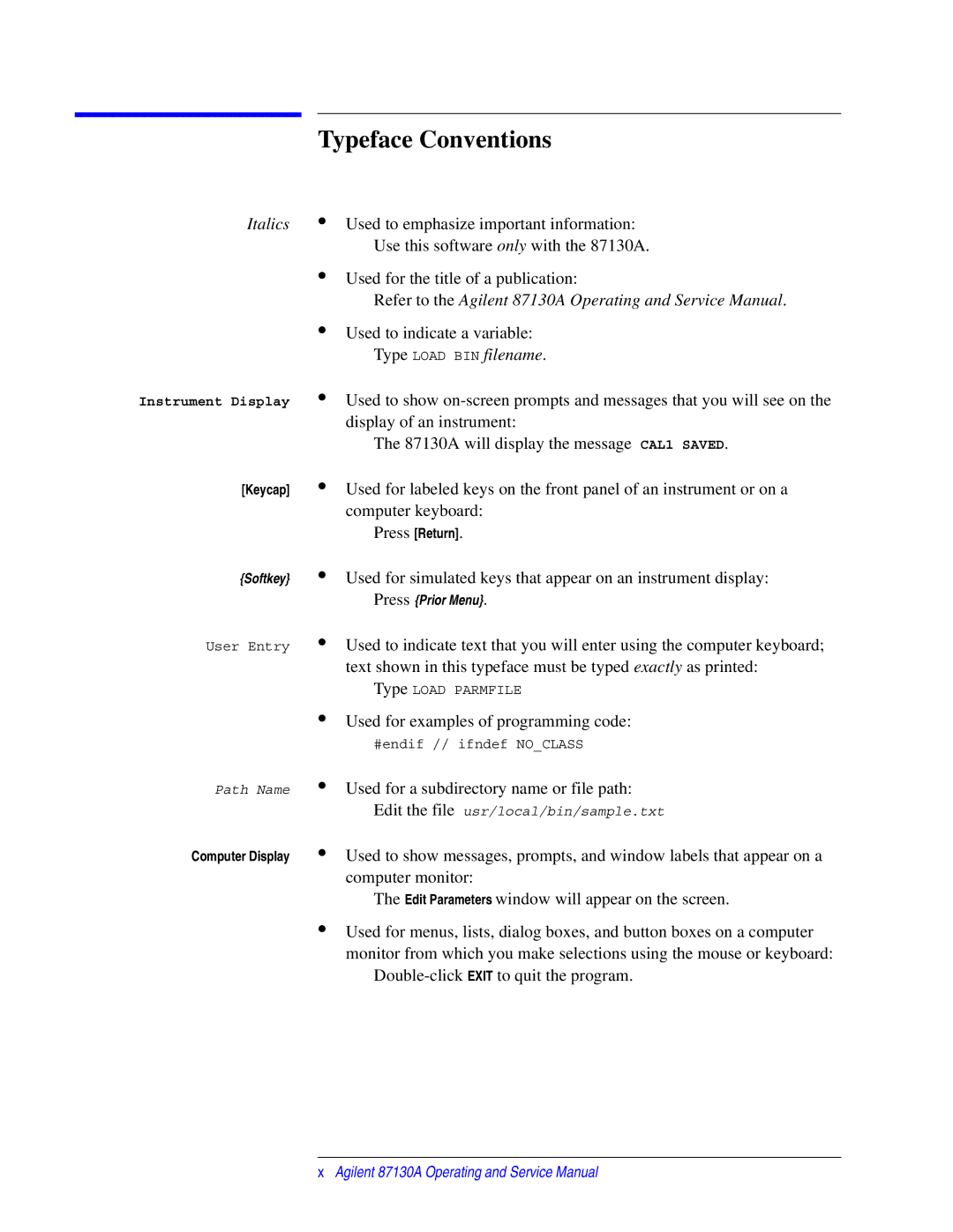 Agilent Technologies 87130A manual Typeface Conventions, Computer Display 