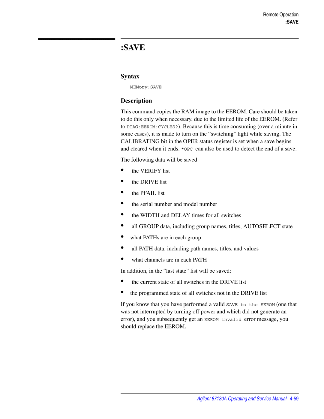 Agilent Technologies 87130A manual Save 