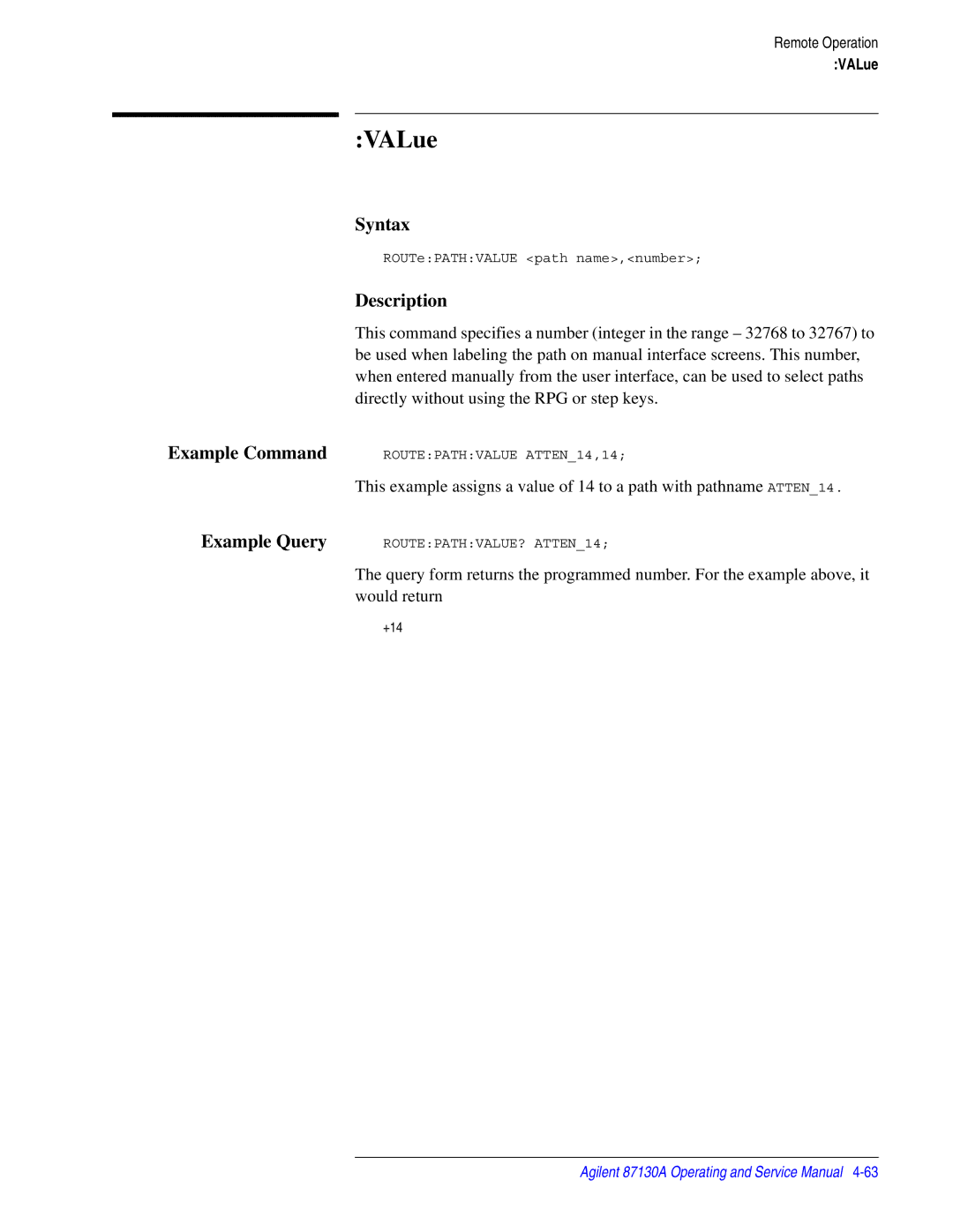 Agilent Technologies 87130A manual VALue 