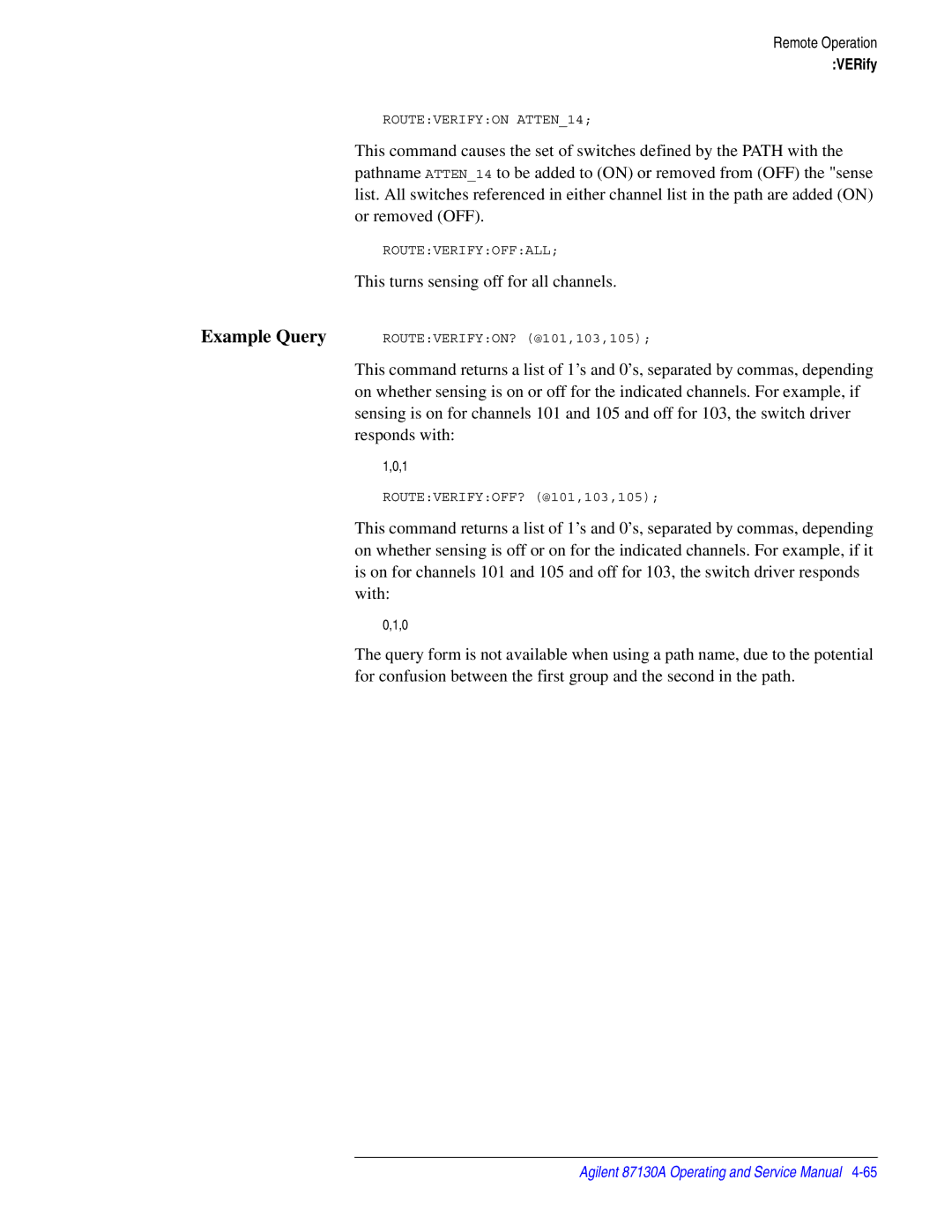 Agilent Technologies 87130A manual This turns sensing off for all channels 