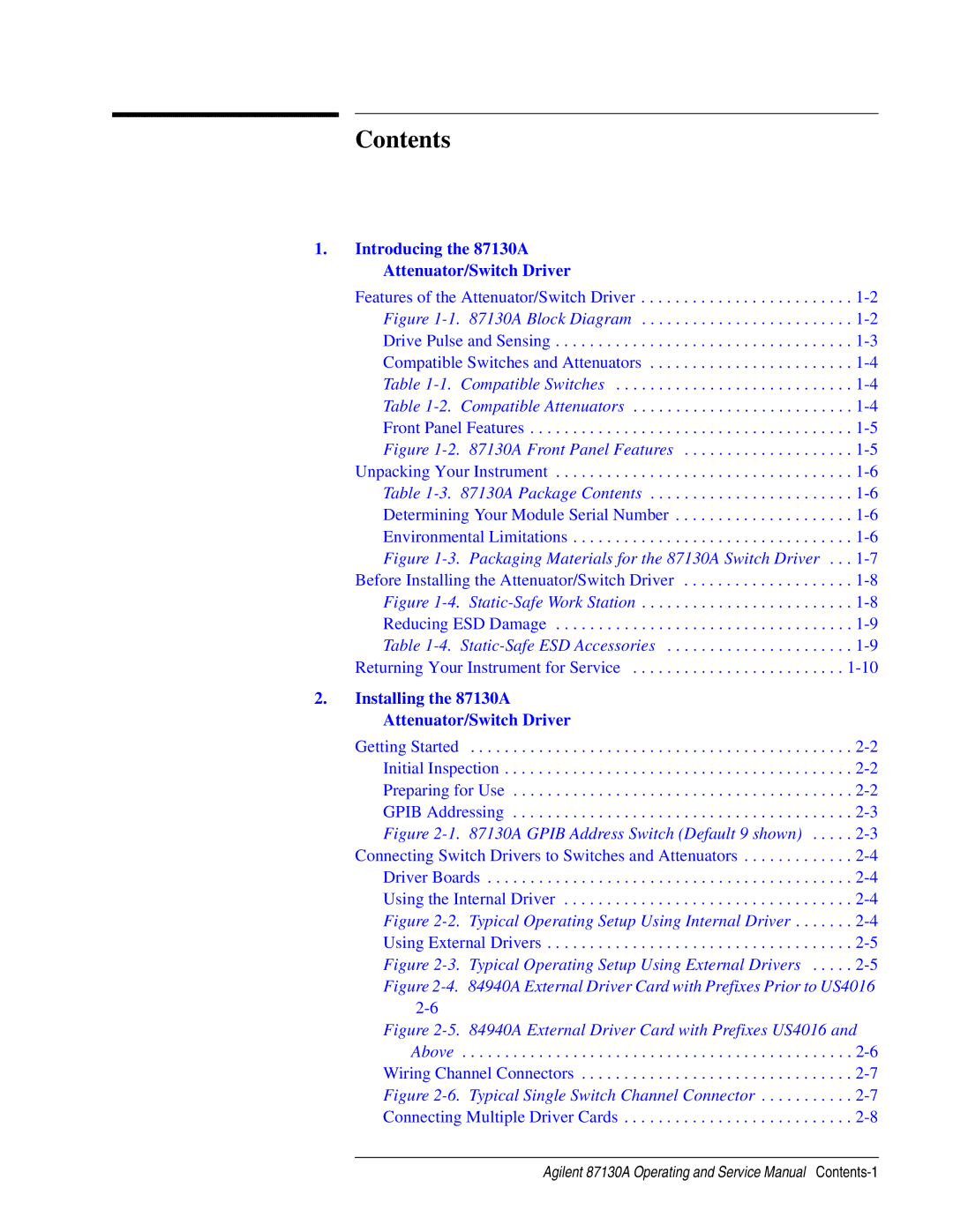 Agilent Technologies 87130A manual Contents 