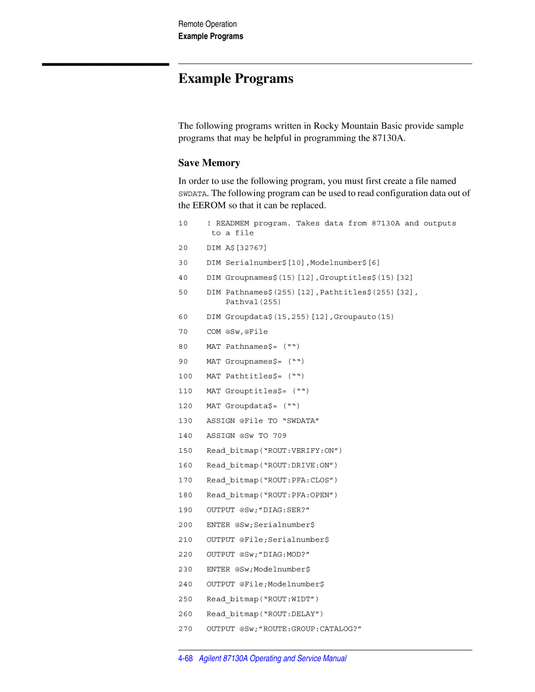 Agilent Technologies 87130A manual Example Programs, Save Memory 