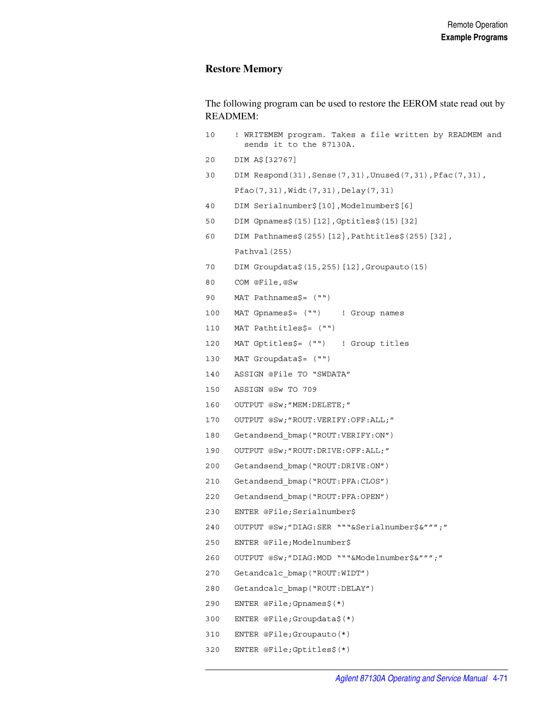 Agilent Technologies 87130A manual Restore Memory, Readmem 