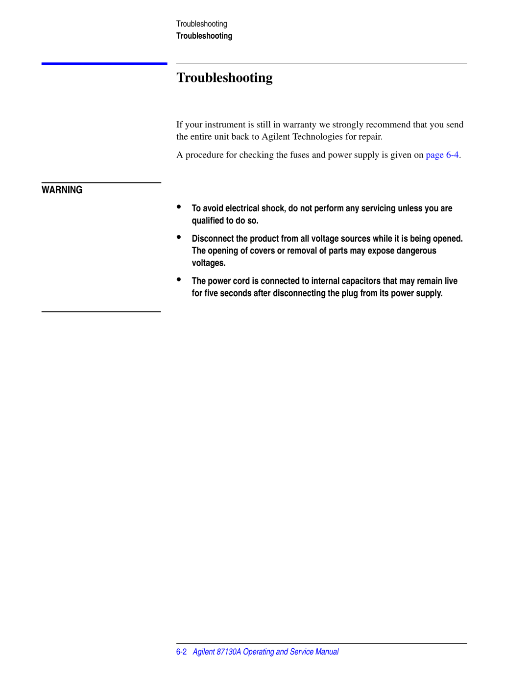 Agilent Technologies 87130A manual Troubleshooting 